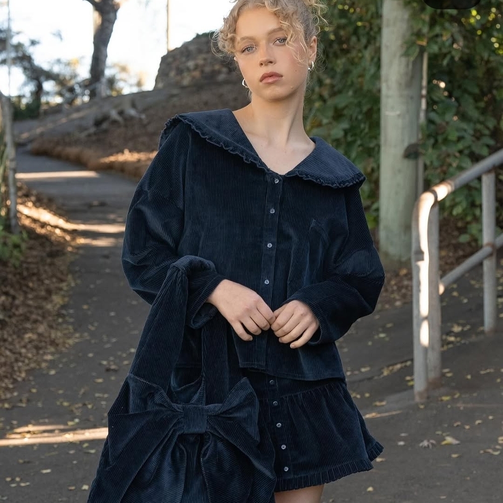 My Mum Made It Navy Corduroy Sailor Button Up Top